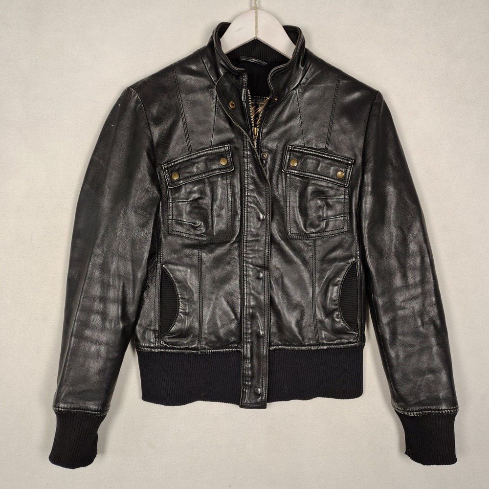 MNG Mango Black Sheep Leather Bomber Jacket Ribbed Knit Trim 16108245